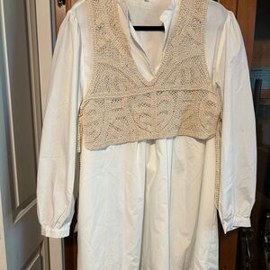 Annie Cream Crochet Knit Vest Over White Blouse